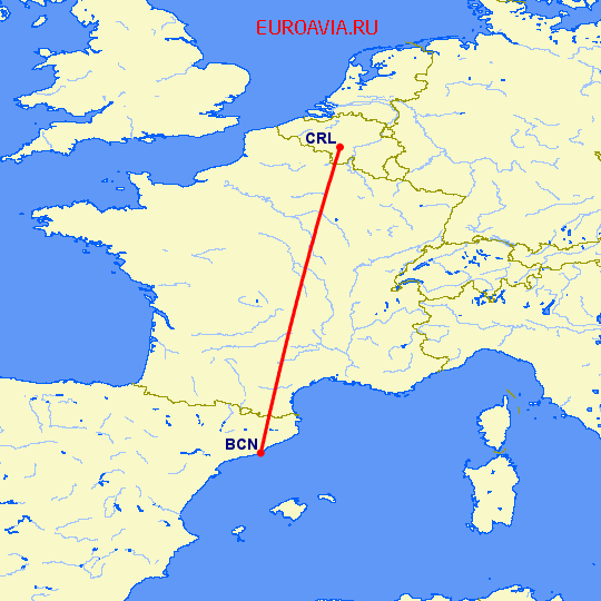 перелет Барселона — Шарлеруа на карте