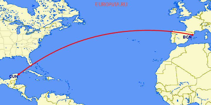 перелет Барселона — Канкун на карте