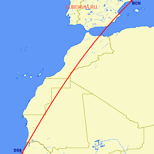 перелет Барселона — Дакар на карте