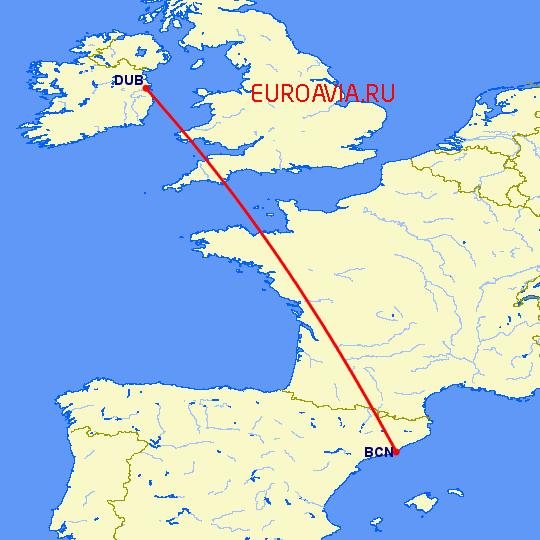 перелет Барселона — Дублин на карте