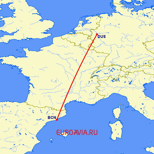 перелет Барселона — Дюссельдорф на карте