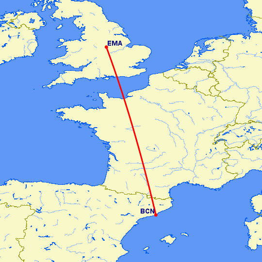 перелет Барселона — Дерби на карте