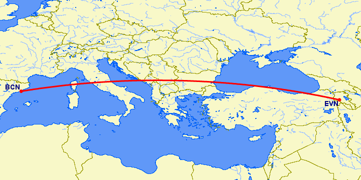 перелет Барселона — Ереван на карте