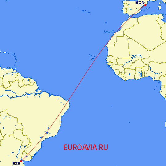 перелет Барселона — Буэнос Айрес на карте