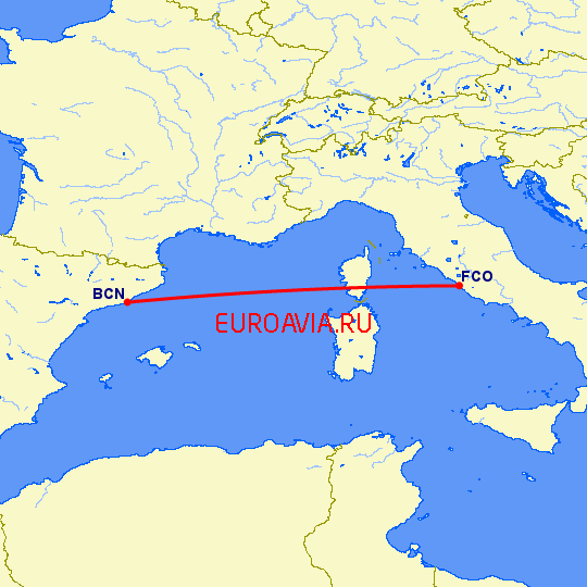 перелет Барселона — Рим на карте