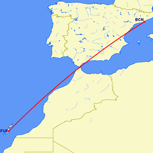 перелет Барселона — Пуэрто дель Росарио на карте