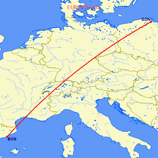 перелет Барселона — Гданьск на карте