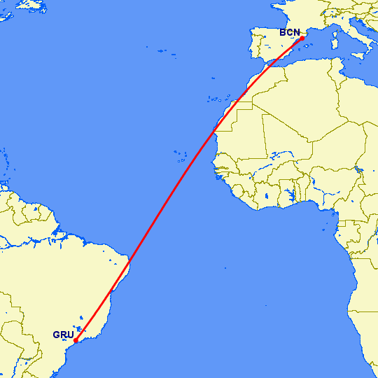 перелет Барселона — Сан Паулу на карте