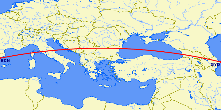 перелет Барселона — Баку на карте