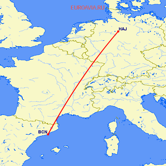 перелет Барселона — Ганновер на карте
