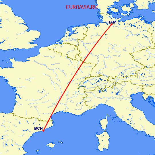 перелет Барселона — Гамбург на карте