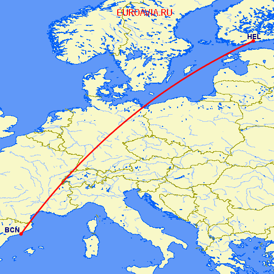 перелет Барселона — Хельсинки на карте