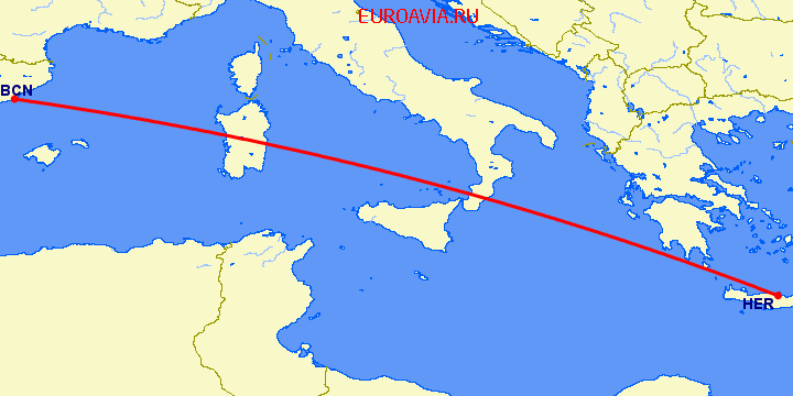 перелет Барселона — Ираклион на карте