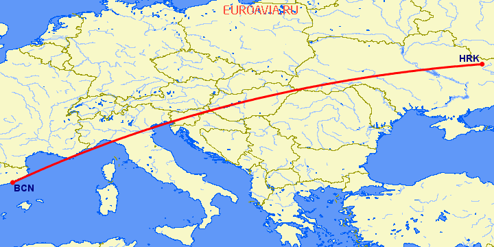 перелет Барселона — Харьков на карте