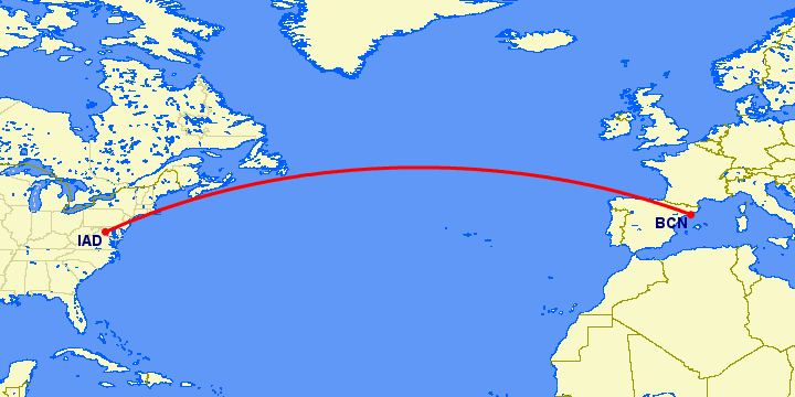 перелет Барселона — Вашингтон на карте