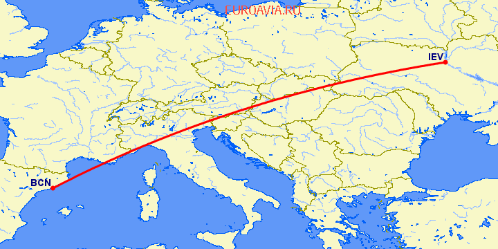 перелет Барселона — Киев на карте