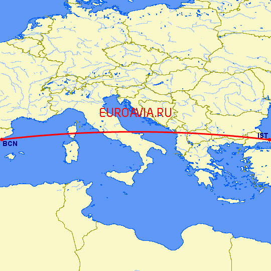 перелет Барселона — Стамбул на карте