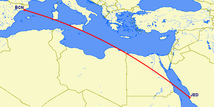 перелет Барселона — Джедда на карте