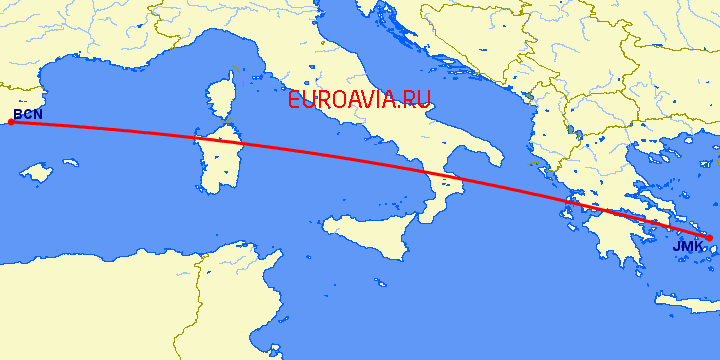 перелет Барселона — Миконос на карте