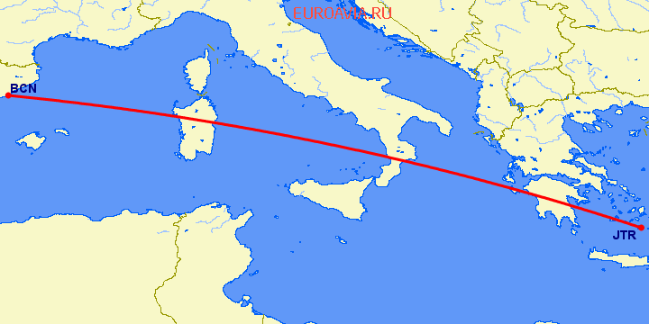 перелет Барселона — Санторини на карте