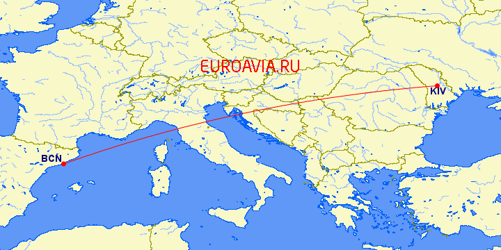 перелет Барселона — Кишинев на карте
