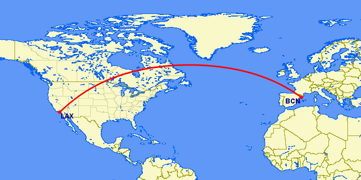 перелет Барселона — Лос Анджелес на карте
