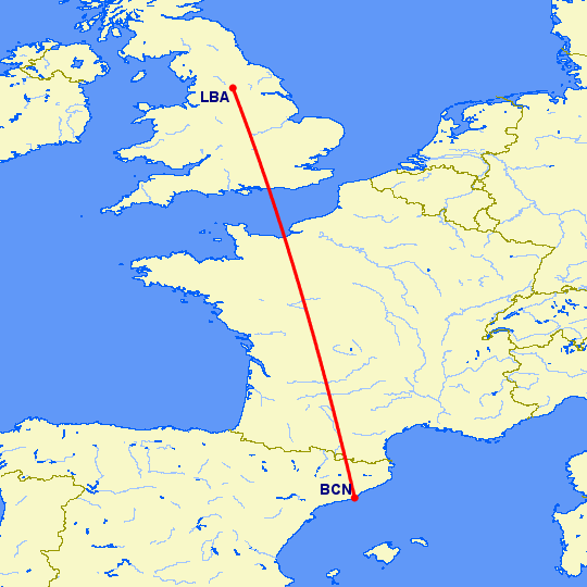 перелет Барселона — Лидс на карте