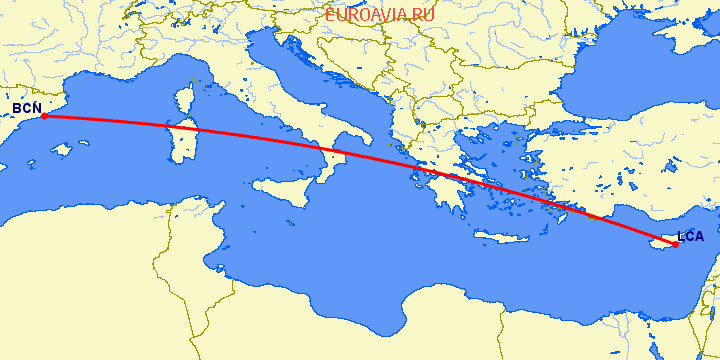 перелет Барселона — Ларнака на карте