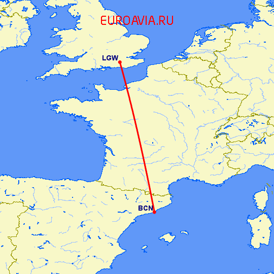 перелет Барселона — Лондон на карте