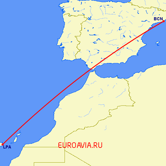 перелет Барселона — Лас Пальмас на карте