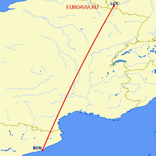 перелет Барселона — Люксембург на карте