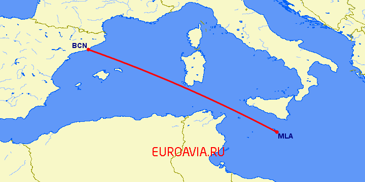 перелет Барселона — Мальта на карте