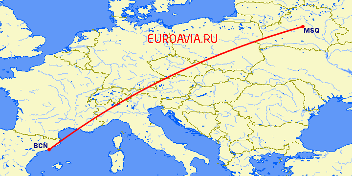 перелет Барселона — Минск на карте