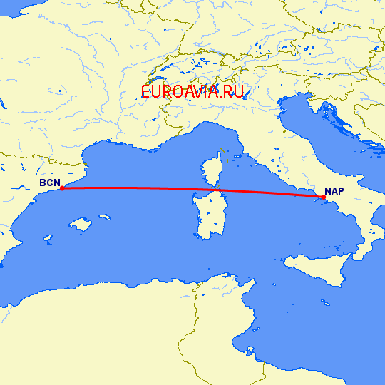 перелет Барселона — Неаполь на карте