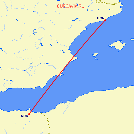 перелет Барселона — Надор на карте
