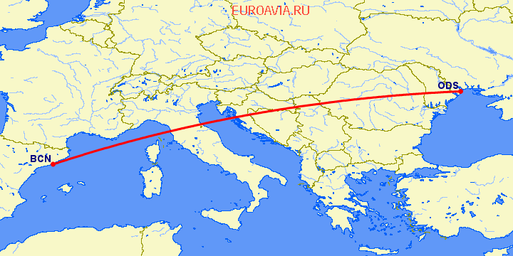 перелет Барселона — Одесса на карте