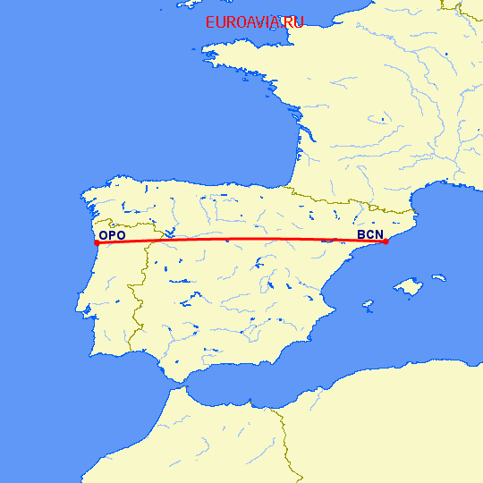 перелет Барселона — Порту на карте