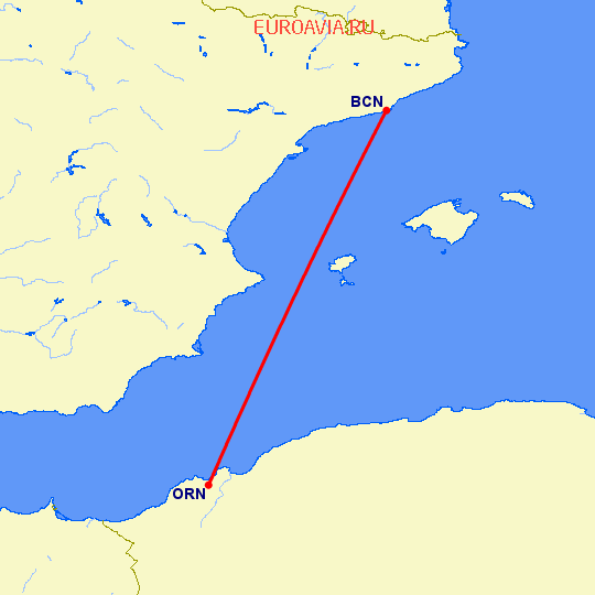 перелет Барселона — Оран на карте