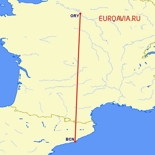 перелет Барселона — Париж на карте