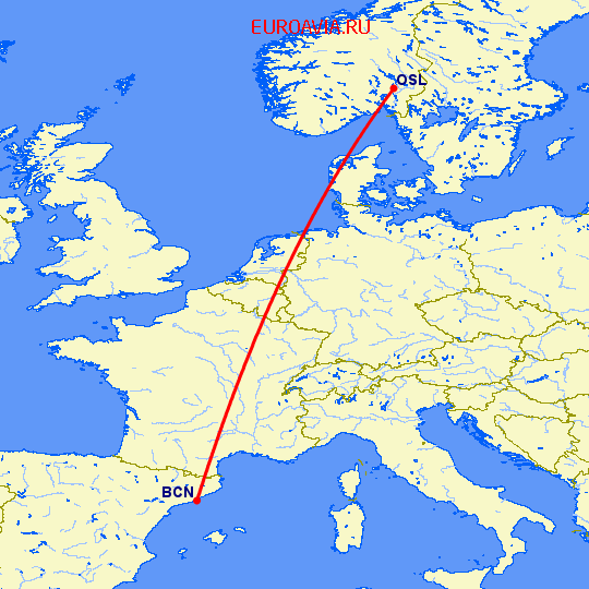 перелет Барселона — Осло на карте