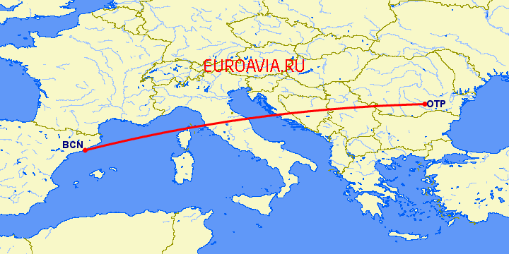 перелет Барселона — Бухарест на карте