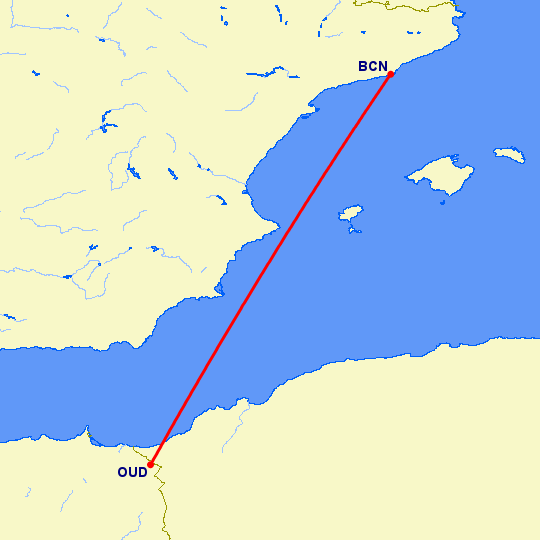 перелет Барселона — Уджда на карте