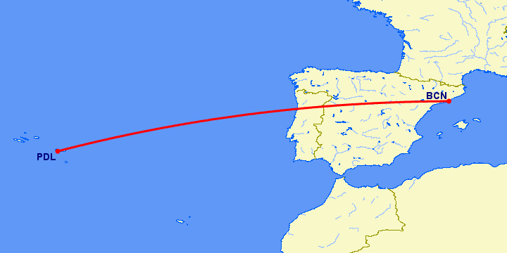 перелет Барселона — Ponta Delgada на карте
