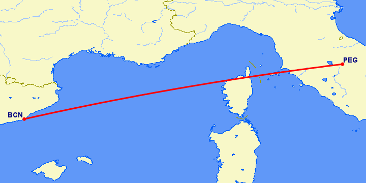 перелет Барселона — Перужия на карте