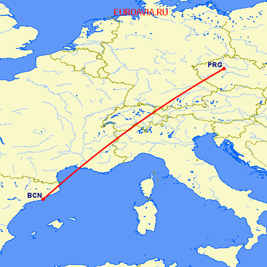перелет Барселона — Прага на карте