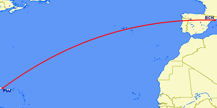 перелет Барселона — Пунта Кана на карте