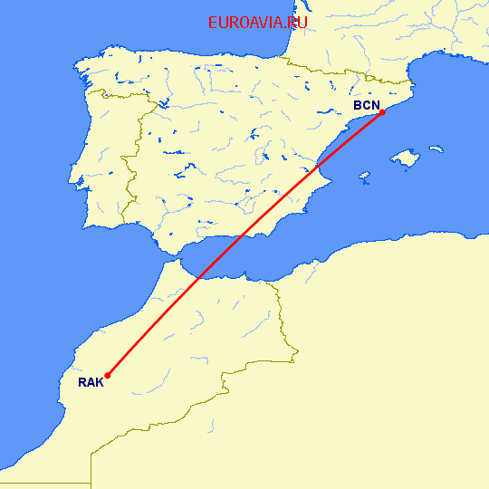 перелет Барселона — Марракеш на карте