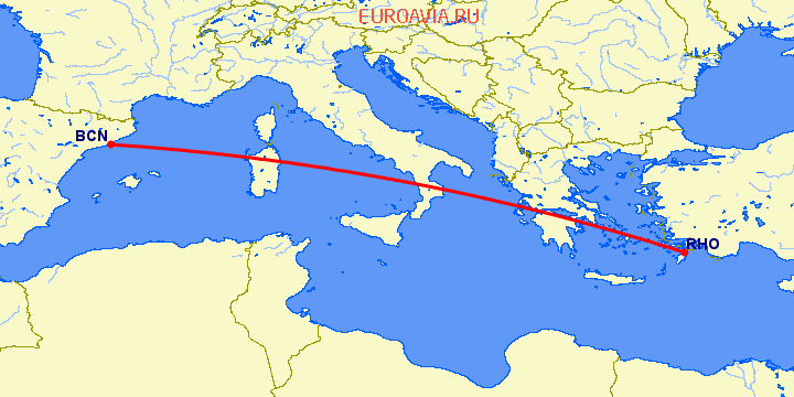 перелет Барселона — Родос на карте