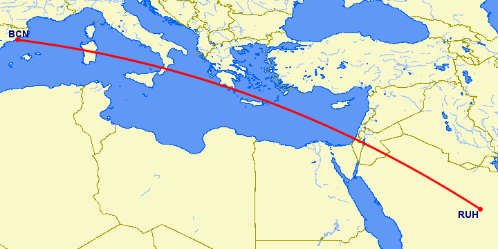перелет Барселона — Эр Рияд на карте