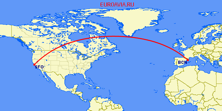 перелет Барселона — Сан Франциско на карте